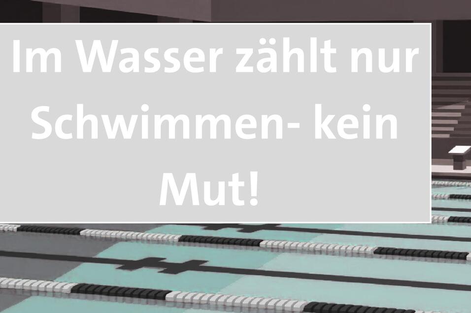 Grafik mit Schwimmbecken und der Aufschrift „Im Wasser zählt nur Schwimmen - kein Mut!“, umgeben von Vereinslogos.