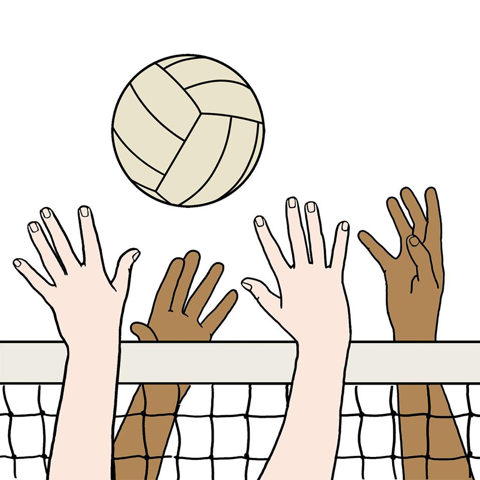Hände verschiedener Hauttöne greifen nach einem Volleyball über einem Netz.