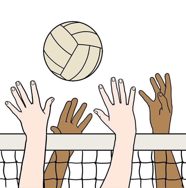 Hände verschiedener Hauttöne greifen nach einem Volleyball über einem Netz.